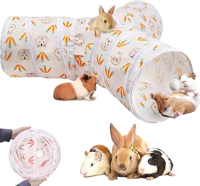 Bunny Tunnels & Tubes, Collapsible 3 Way Rabbit Tunnels and Hides, Small Animal Activity Tunnel Hideaway Toys for Rabbits, Bunny, Guinea Pig, Chinchillas, Ferret