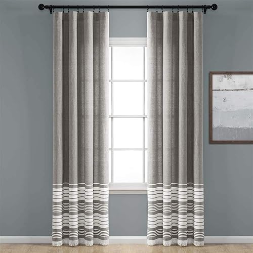 Lush Decor Nantucket - Par de paneles de cortina para ventana con flecos de algodón teñido con hilo teñido, 84 x 40 pulgadas, color gris