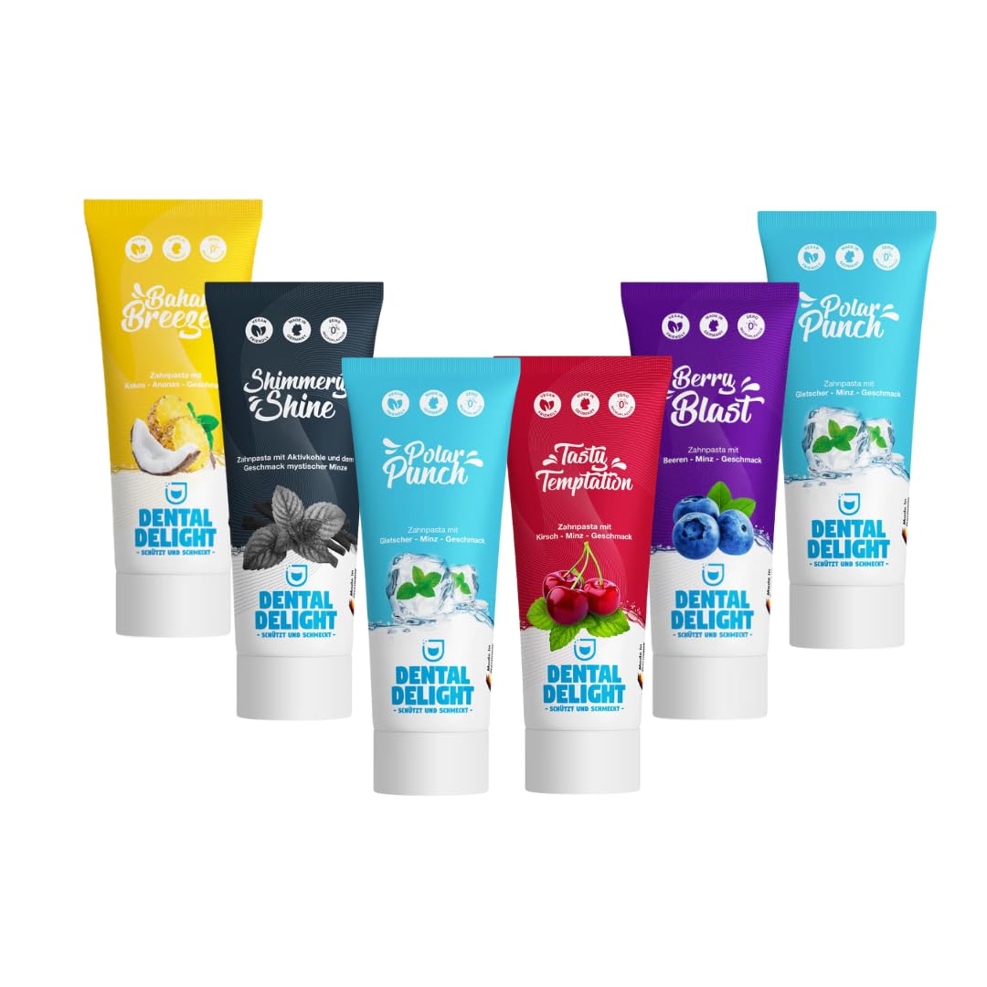 DENTAL DELIGHT Zahnpasta, Vegane Zahnpasta mit Geschmack, Zahncreme, Minze, Ananas, Kirsche, Black, Berry, Eukalyptur (6er Mix-Paket)