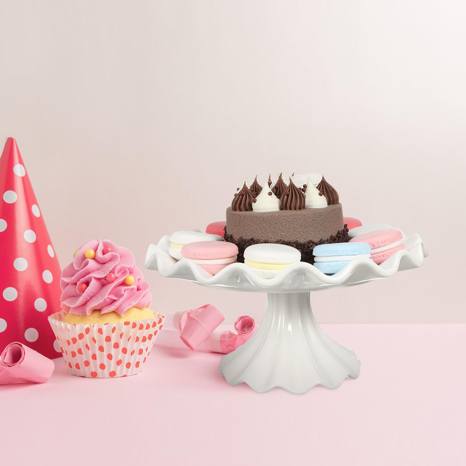 Soporte de Cerámica para Cupcakes Base Resistente y Borde Ondulado, Pedestal Elegante y Estable para Exhibición de Postres en Bodas y Fiestas