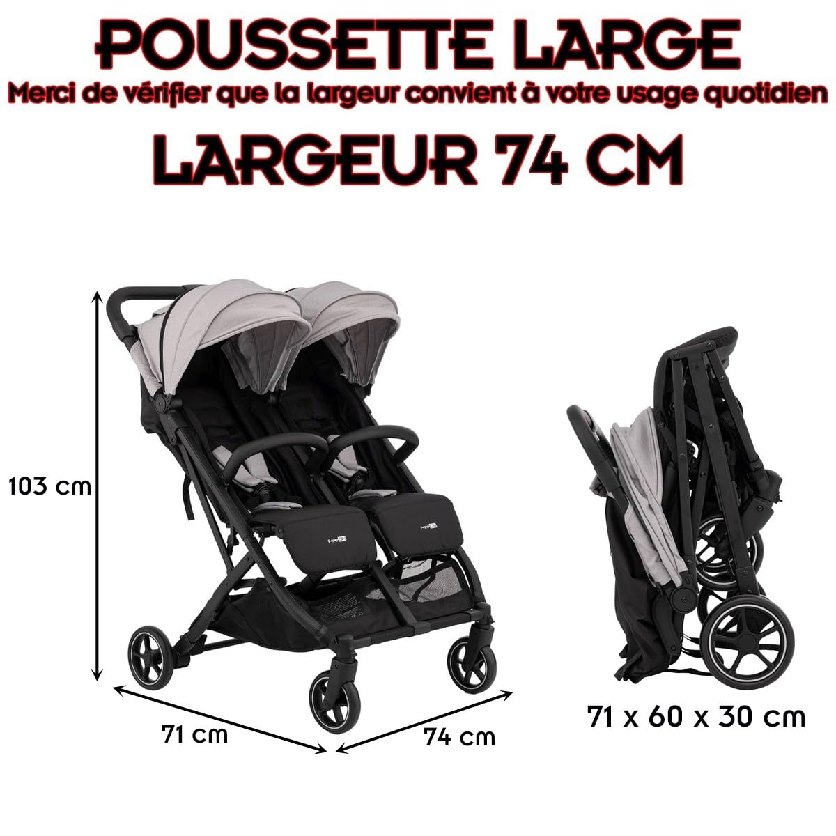 ACTIVE TWIN Poussette jumeaux ou enfants rapprochés largeur 74 cm Gris