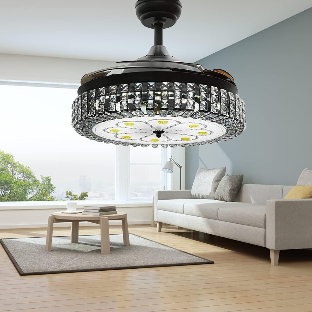 Discount 70% Kankanray 42'' Crystal Chandelier Ceiling Fan with Lights, Retractable Ceiling Fan with 3-Color Change and Glass Lampshae, Decorative Chandelier Lighting for Living Room Dining Room Bedroom (Black)