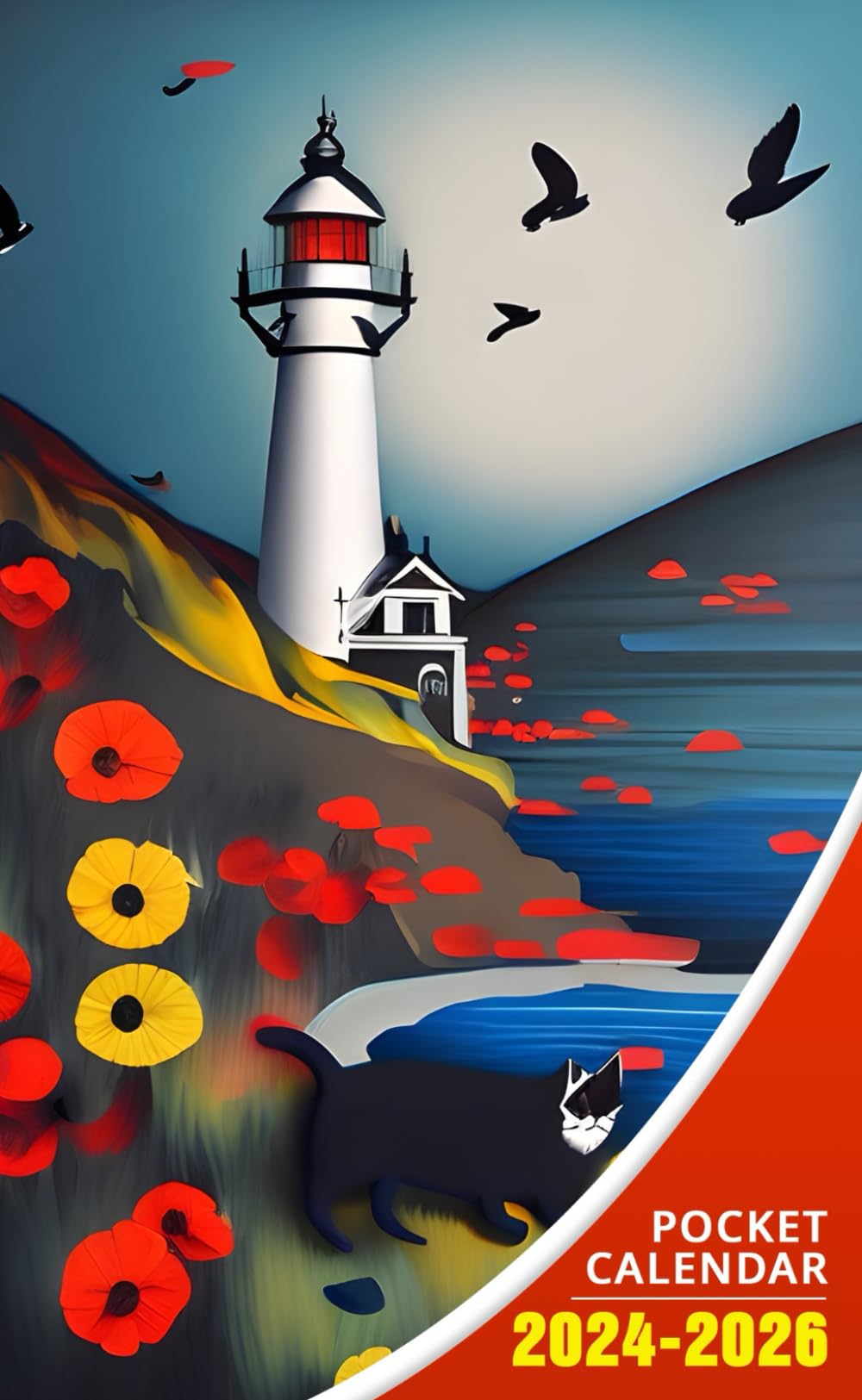 Pocket Calendar 2024 - 2026: Three-Year Monthly Planner for Purse , 36 Months from January 2024 to December 2026 | Contemporary art painting | Cat against lighthouse