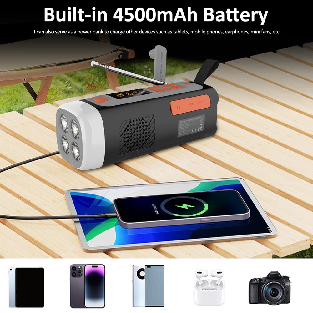 4500mAh Emergency Am/FM/SW Radio BT BT ALTAUS USB C/Solar/Hand Crank Cargando la Linterna de Radio portátil SOS para Acampar