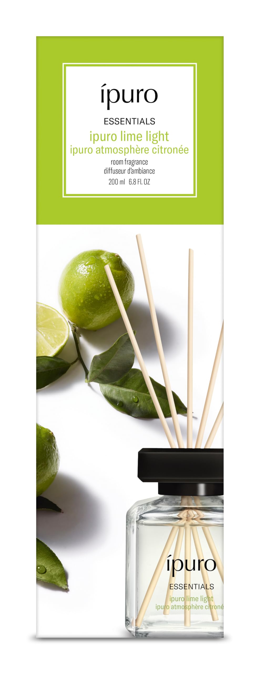 ipuro Essentials Lime Light Room Fragrance with Sticks 200 ml - Room Freshener with Lemongrass, Bergamot, Orange, Geranium, Lily of the Valley & Vanilla Flowers Fragrance Aroma
