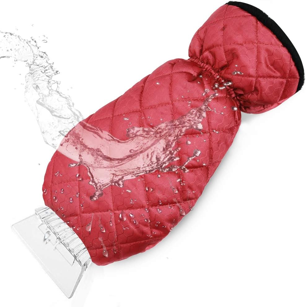 cyrico Ice Scraper Mitt for Car Windshield, Waterproof Snow Ice Scraper Glove with Thick Fleece Lining and Durable Handle for Extra Warmth and Protection,Red(1 Pack)