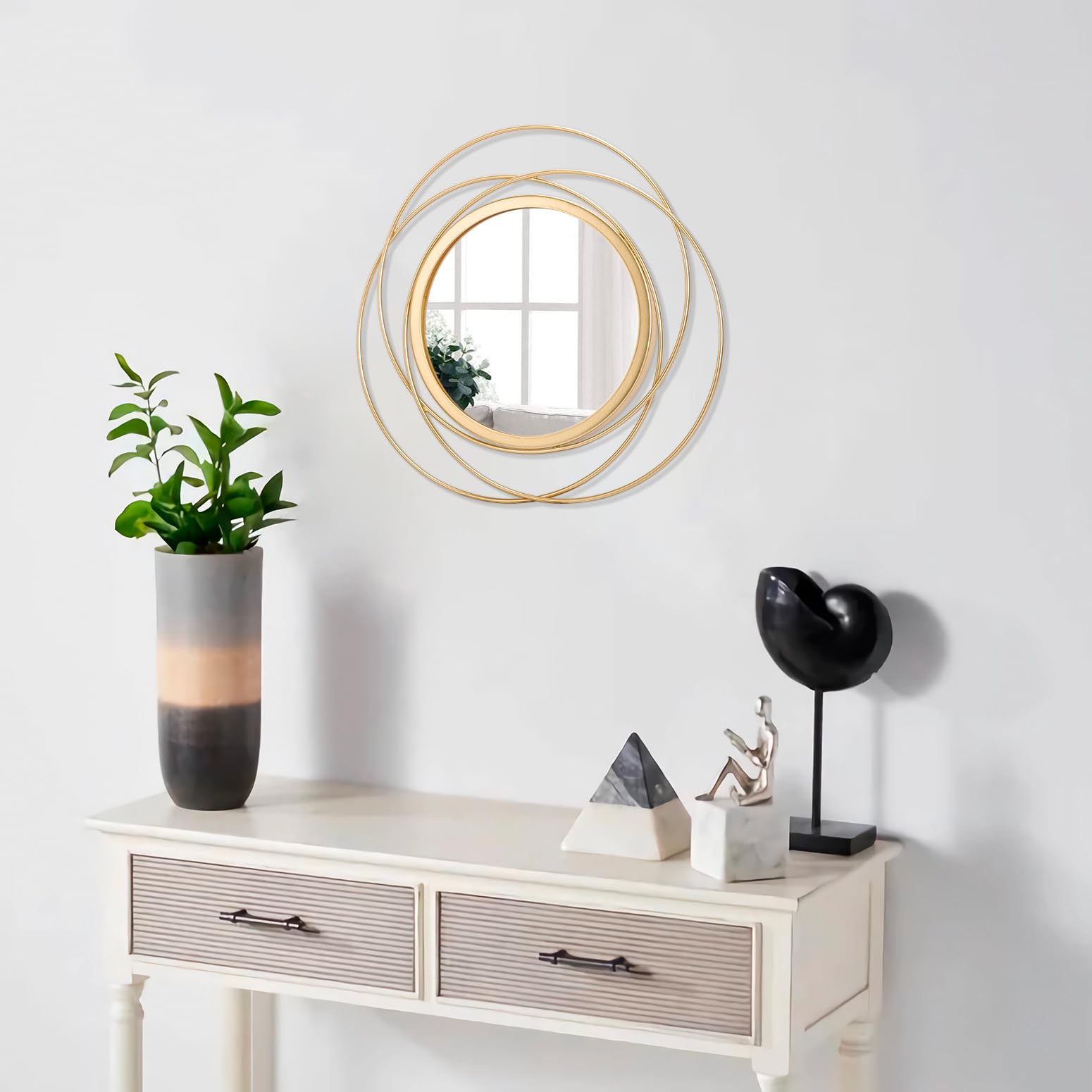 HLFMVWE Gold Art Circle Mirror for Wall with Iron Metal Wire Frame Wall-Mounted Mirror for Home Decor Living Room Bedroom Bathroom Entryway Small 30 x 30 cm