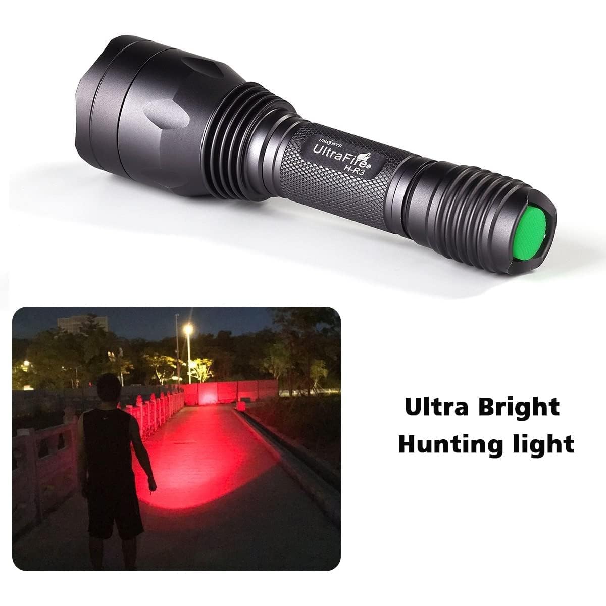 UltraFire Torcia LED Tattica Ricaricabile 1800 Lumen – 4 Colori (Rosso/Verde/Blu/Bianco) E 4 Modalità, 550m Di Gittata, Impermeabile IPX8 - 4