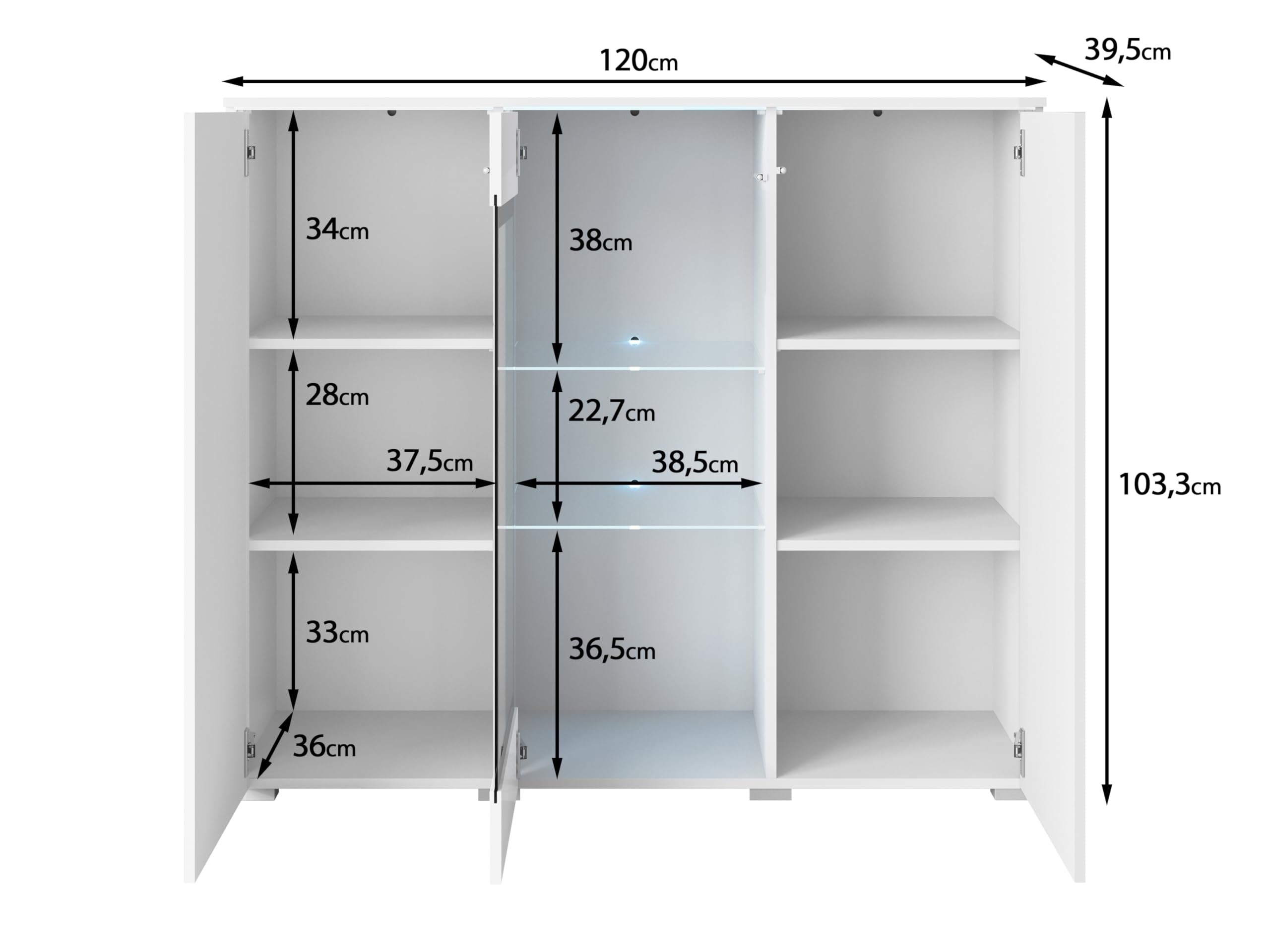 Vera 120 credenza per soggiorno, cassettiera, 3 porte, illuminazione a LED opzionale, armadio di stoccaggio (con LED, nero opaco)