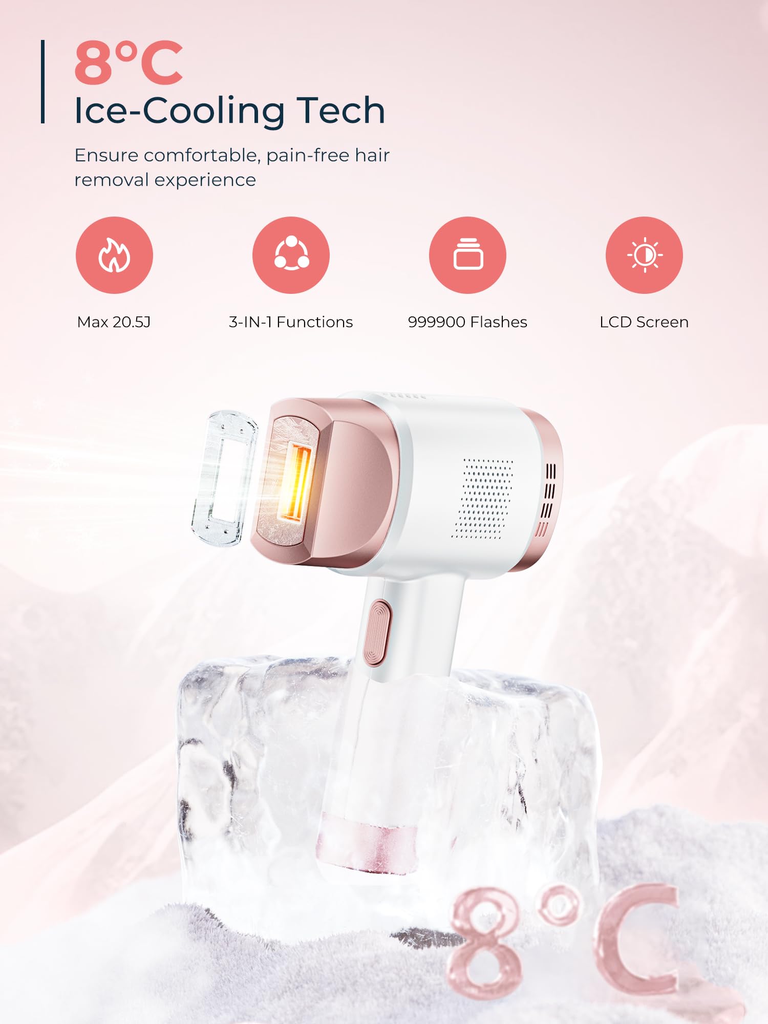 Épilateur Lumière Pulsée avec Système de Refroidissement, Écran Tactile LCD, 9 Niveaux et Lumière Rouge 600 nm, 999900 Flashs, Épilation Laser pour Femmes, Visage, Bras, Maillot, Corps, Rose - 4