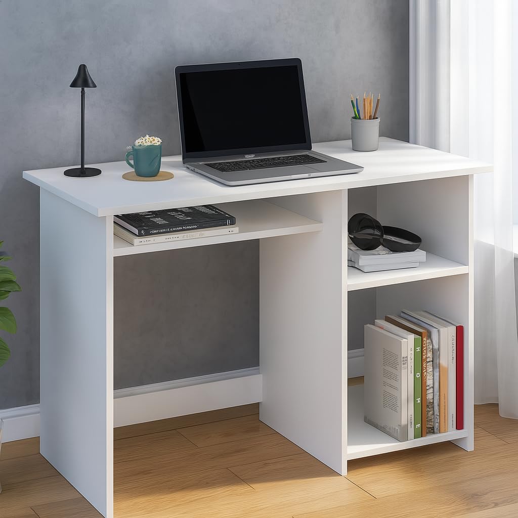 Callas Engineered Wood Computer Desk with Keyboard Tray – Small Modern Writing Desk for Home Office, Bedroom, or Living Room – Sturdy & Simple Laptop Table (CB-ST-03-White)