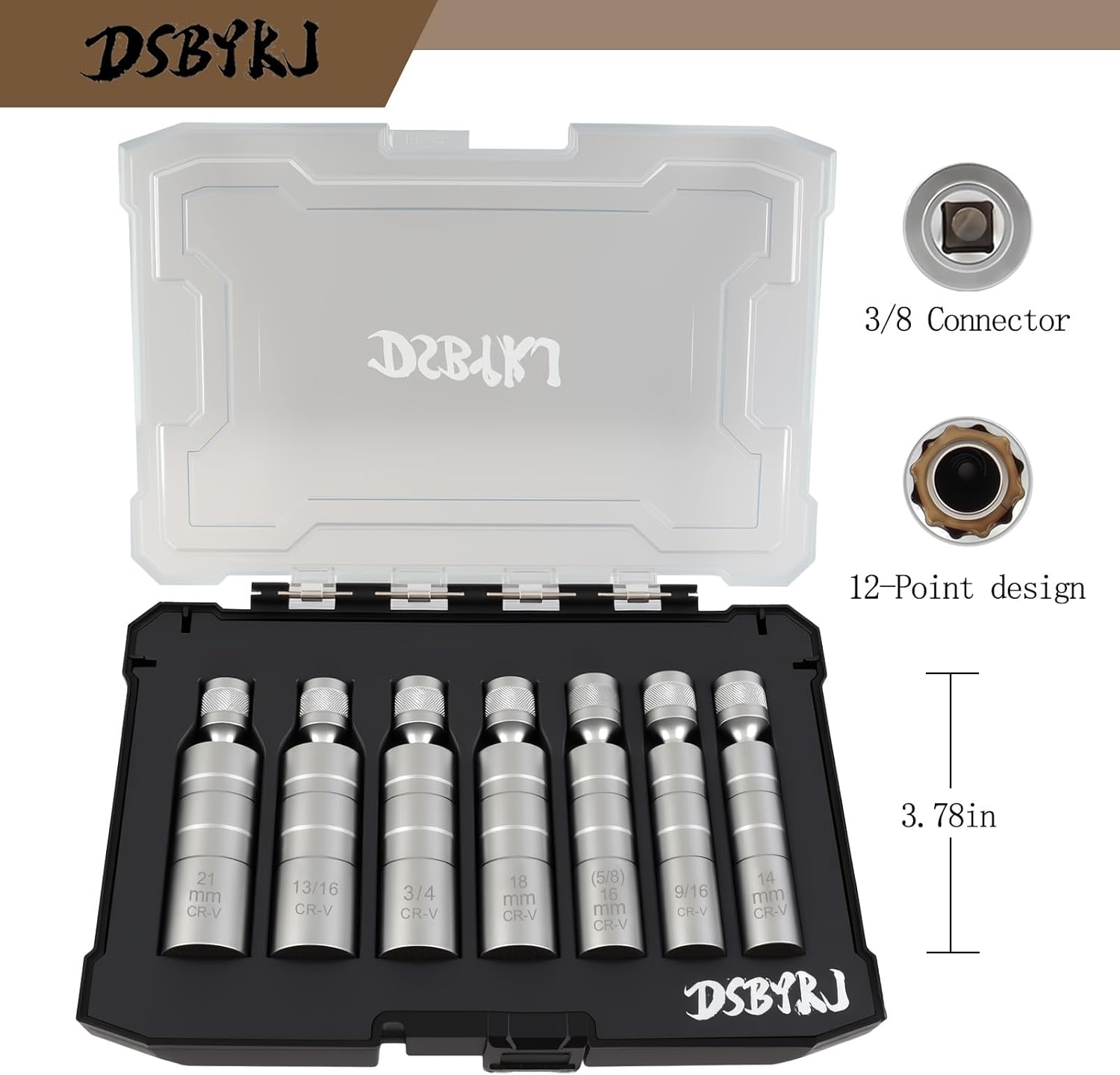 7-Piece Universal Function Rotary Spark Plug Sleeve Set - Includes 21mm, 13/16“, 3/4”, 18mm, 16mm, 9/16 and 14mm 12-Point Sleeves and 3/8-Inch Driver