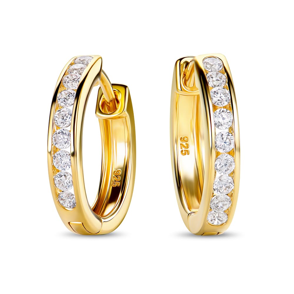 MIORE Pendientes de Aro Mujer con Circonitas Brillantes en Plata de Ley 925 - Plata de Ley 925 Dorados en Oro Amarillo de 18K 750, Pendientes Aro hipoalergénicos.