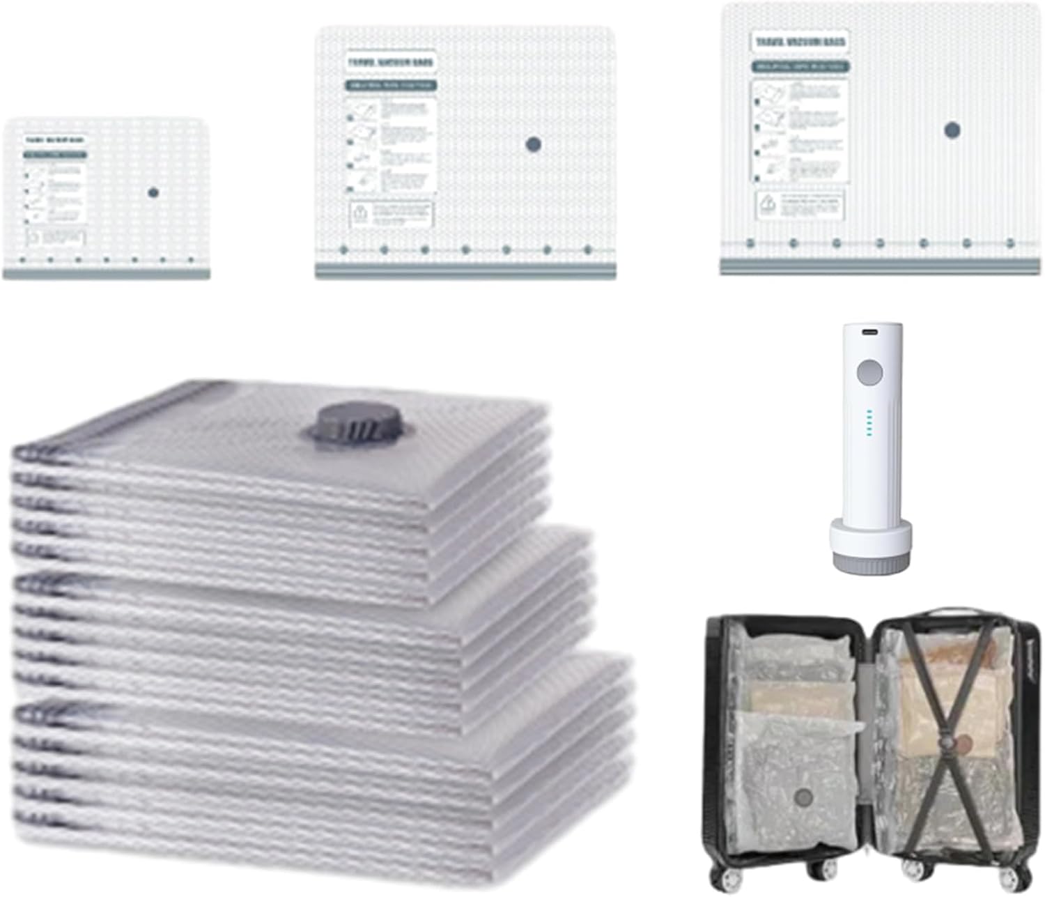 Cordless Travel Vacuum Storage Compression Bag Set - 6 Pack & 9Pack, 3 Sizes, USB Rechargeable Handheld Pump, Waterproof and Reusable, Saves Clothing and Packing Space (9Pack)