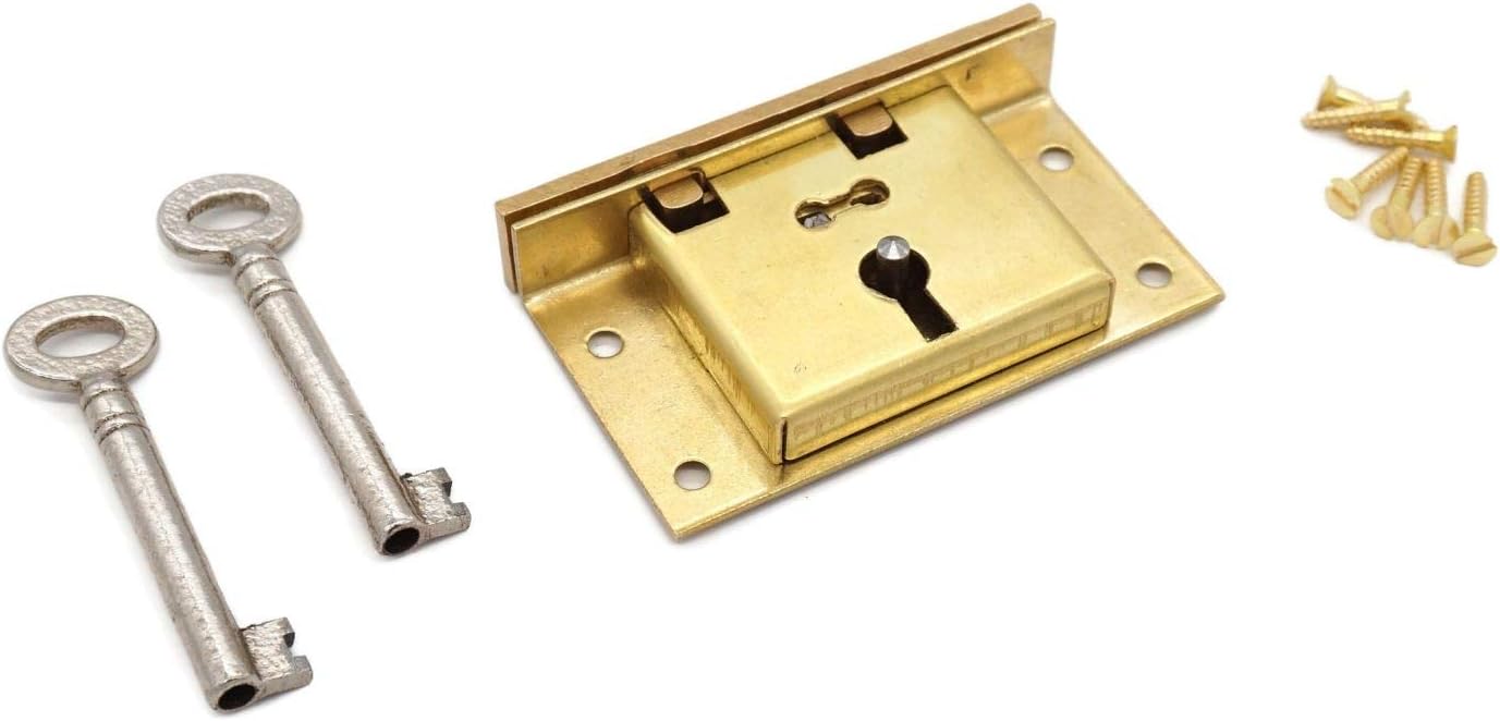 Half Mortise Chest Lock Medium Half Mortise Box Lock Premium Quality Heavy Duty Brass Antique Lock Cast Brass Strike Plate - with 2 Keys for Jewelry Humidor Box Lock