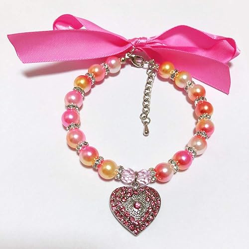 Collar de perlas degradadas para perros pequeños, collar de boda con diamantes de imitación grabados, dije de corazón y cinta, accesorios de ropa de