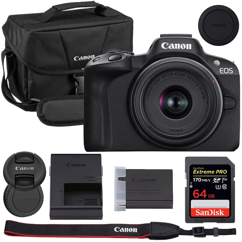 Canon EOS R50 Mirrorless Camera with 18-45mm Lens Bundle 200ES EOS Shoulder Bag + 64GB Extreme PRO Memory Card