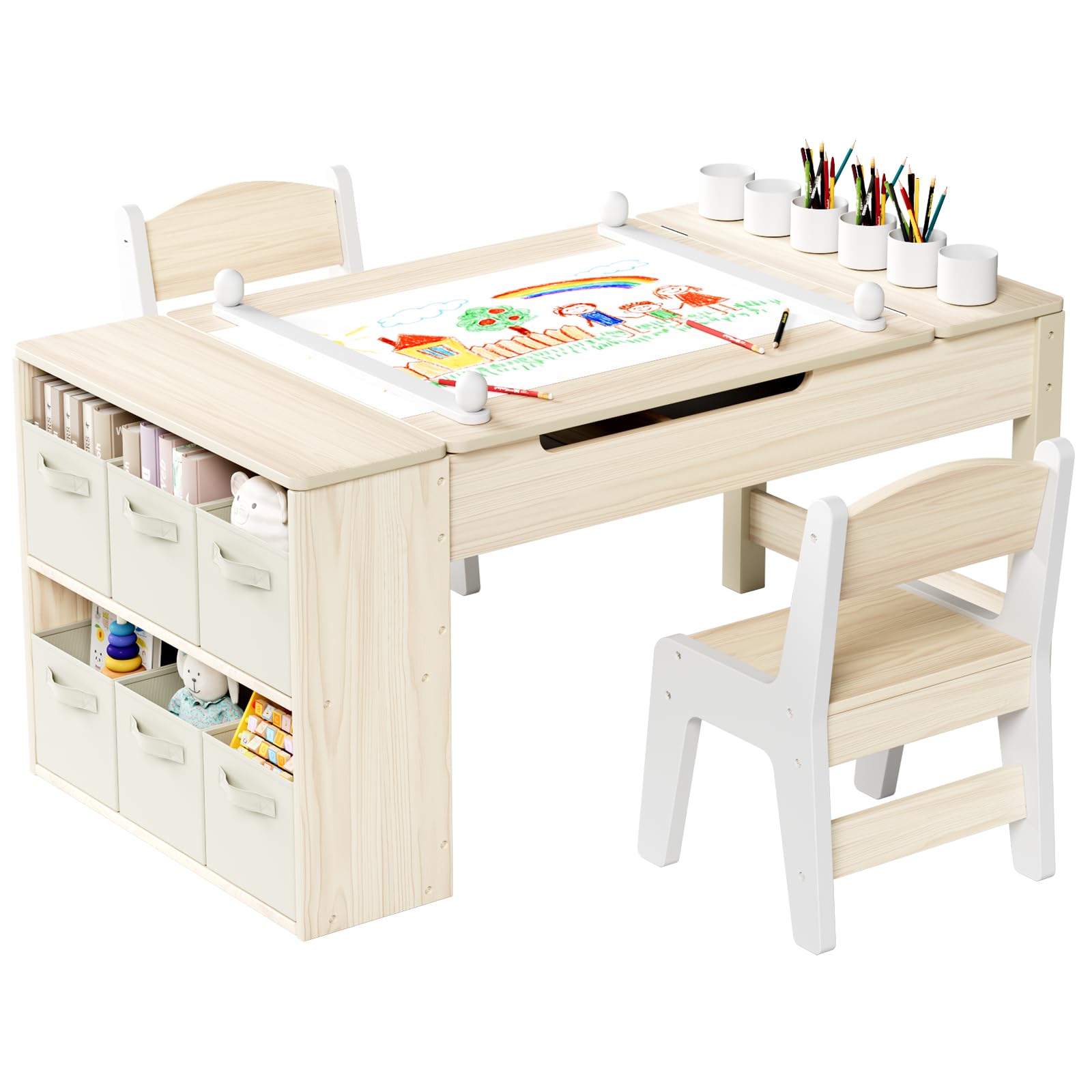 Arlopu 3 in 1 Kids Art Table and Chair Set, Toddler Wooden Activity/Craft Table, Large Size Desk with 2 Chairs and Art Easel, 6 Storage Bins, Paper
