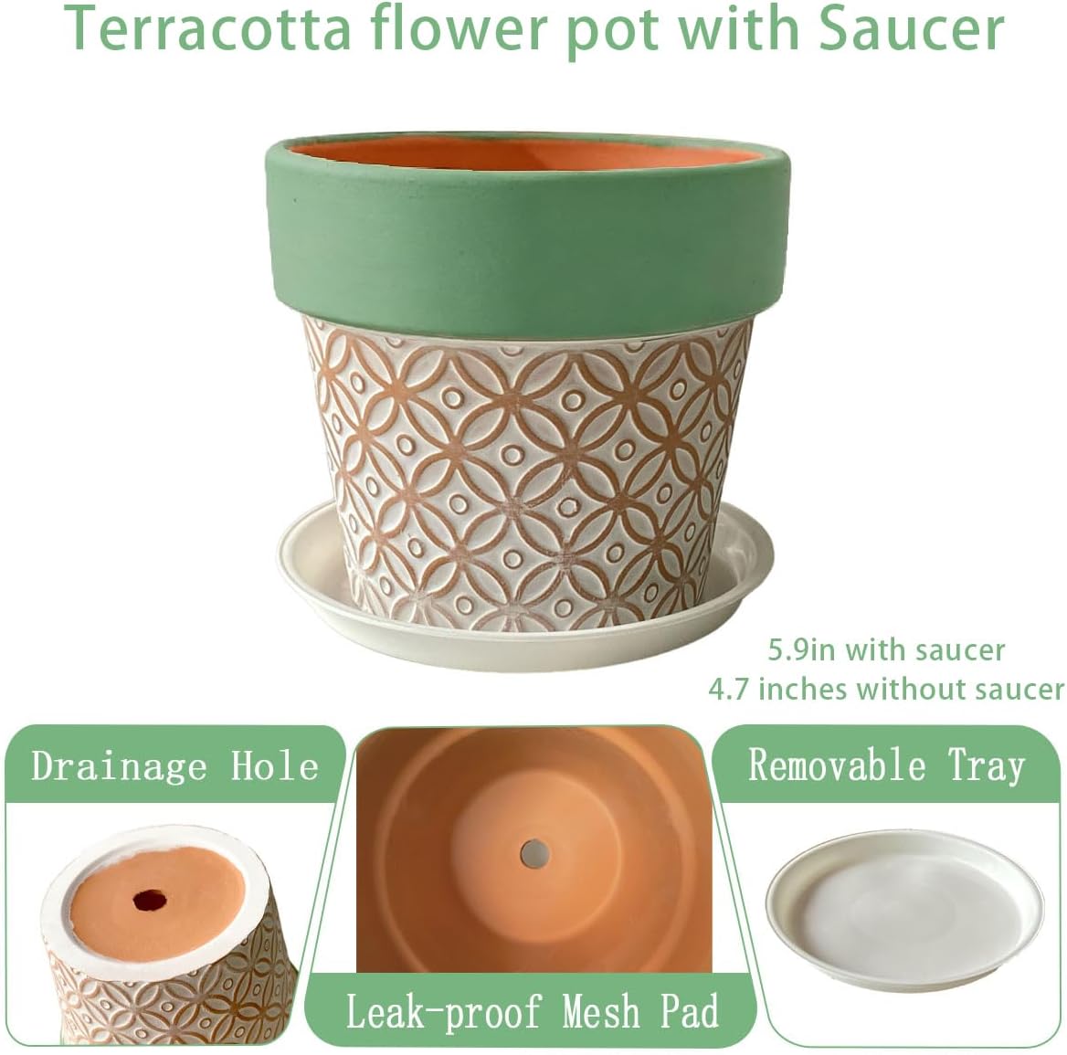 Terracotta Plant Pots Set of 2-5.9 Inch Vintage Pattern Clay Flowerpots with Green Rim & Drainage Holes, Decorative Terra Cotta Pots for Indoor Outdoor Garden Home Decor