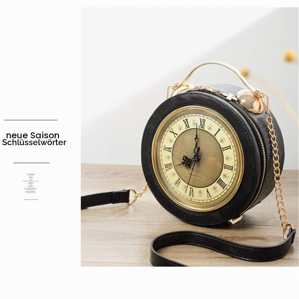 Clock Bag Echt Arbeiten, Vintage-Umhängetasche Messenger Bag, Steampunk-Stil-Form Ledertasche Kreishandtaschen-Ketten-Schulter Weibliche Tasche (Black)