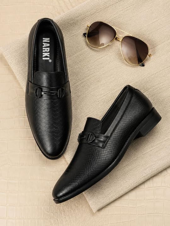 Image of NARKI Men's Tan Formal Loafers - Stylish Slip-On Synthetic Leather Dress Shoes | Textured Office Wear Shoes for Men