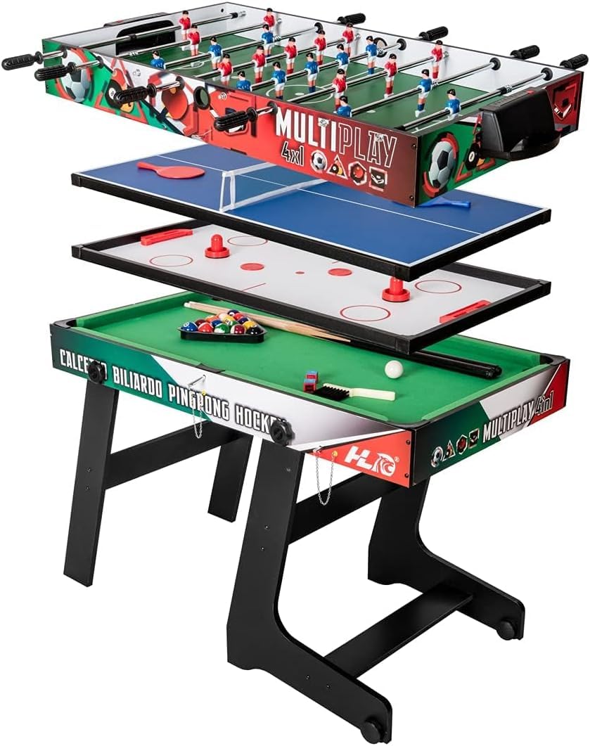 HLC 4 IN 1 Multi Sport Game Combination Table Set for Kids Pool Table, Foosball Table,Ping Pong Table, Slide Hockey for Family Parent-child Interactive Game Table for Kids (4ft, 1.2m)
