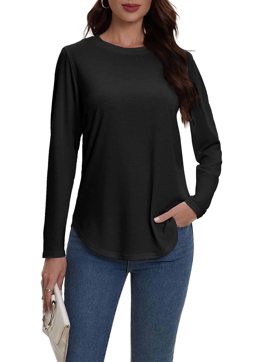 AirMood Maglietta casual da donna a maniche lunghe, tinta unita, girocollo, vestibilità ampia