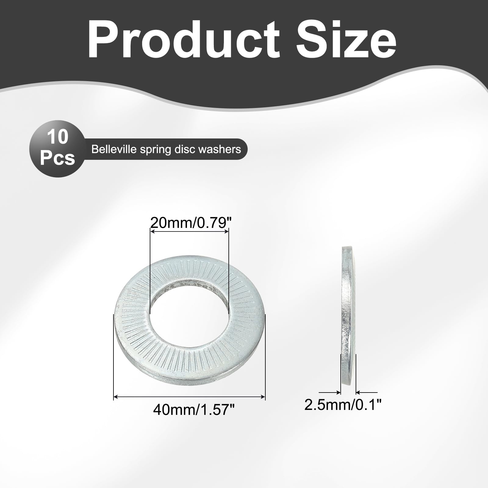 PATIKIL M20x40x2.5mm Flat Washers 10Pcs 65Mn Steel Belleville Spring Disc Washer Conical Knurled Metric Gasket for Automotive Industrial Construction (White Zinc Plating) - Image 2