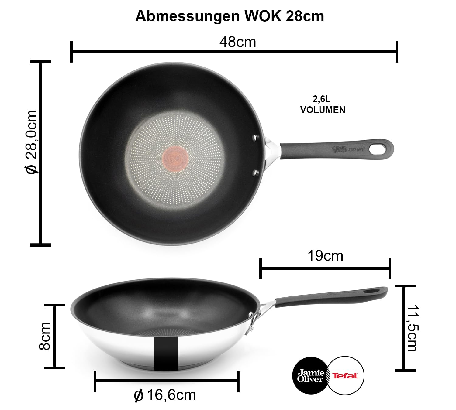 Tefal Jamie Oliver Wok 28 cm inducción, wok de acero inoxidable grande, antiadherente, borde alto, apto para horno, mango remachado, E30