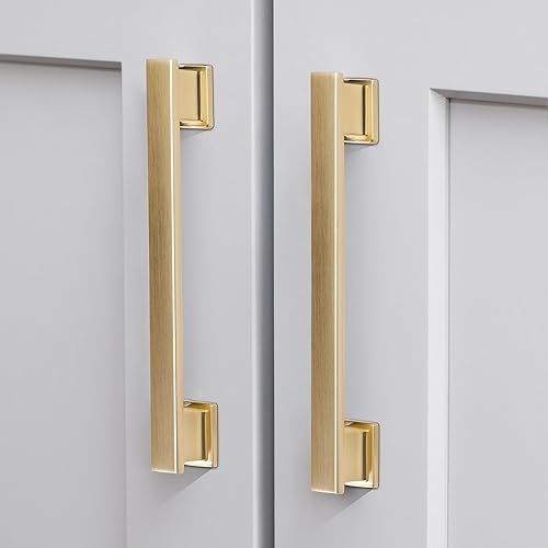Paquete de 20 tiradores cuadrados de latón cepillado para gabinete, 7 pulgadas (7.008 in) con agujeros centrales, accesorios dorados para cocina,