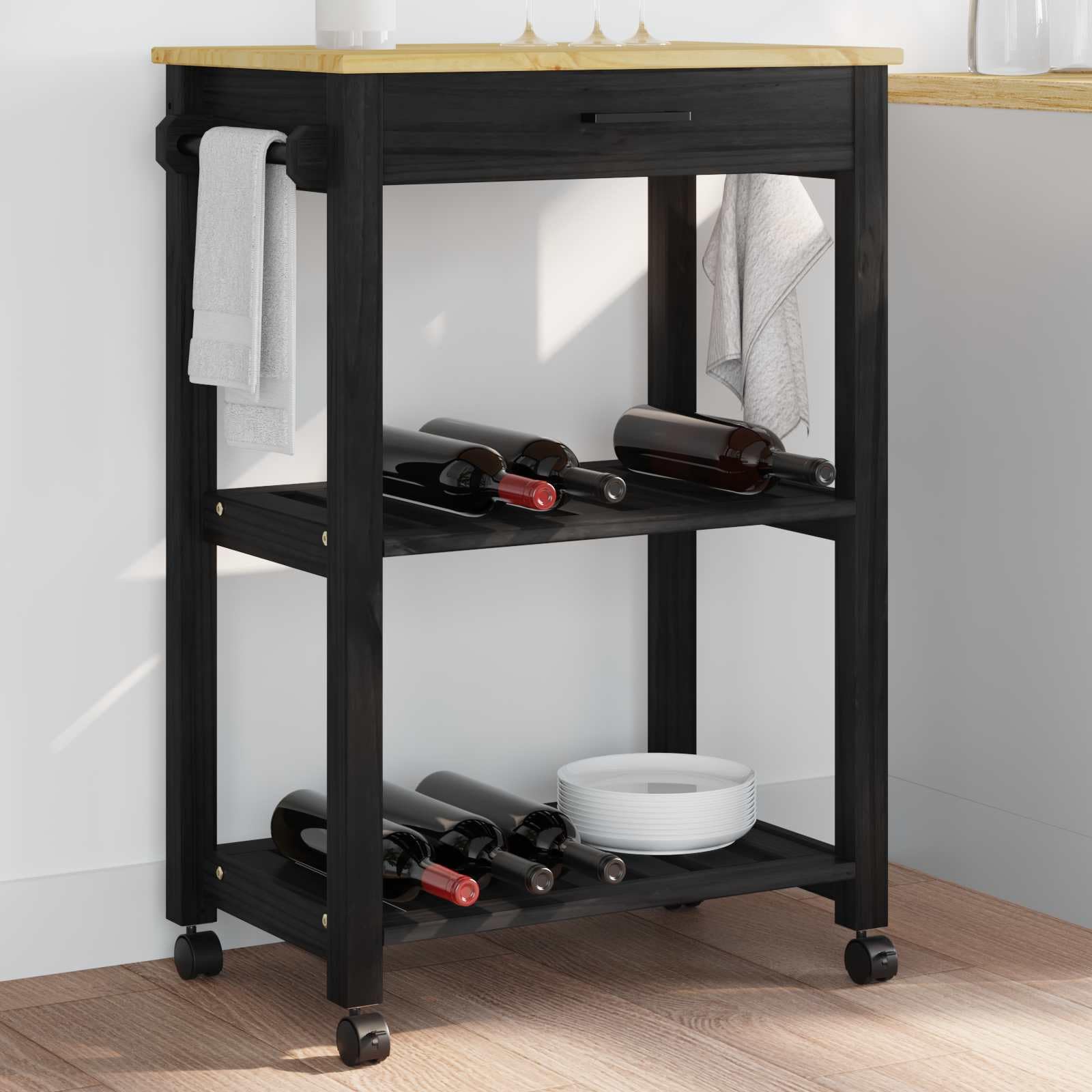 Küchentrolley Monza Schwarz Massivholz Kiefer 60 x 40 x 88,5 cm mit Regal Schublade Vier 360° Rollen für Küchenorganisation und Mobile Arbeitsfläche