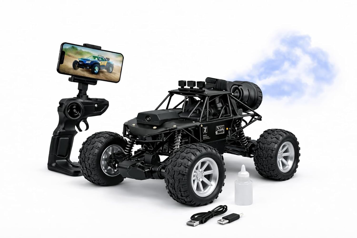 Rock Crawler with HD Video Camera & Mobile App Control, 60+ Ft Range, Mist Spray Off-Road Truck, Rechargeable with Type-C Port, Shock Absorber All Terrain Toy Car (Black)-image-4