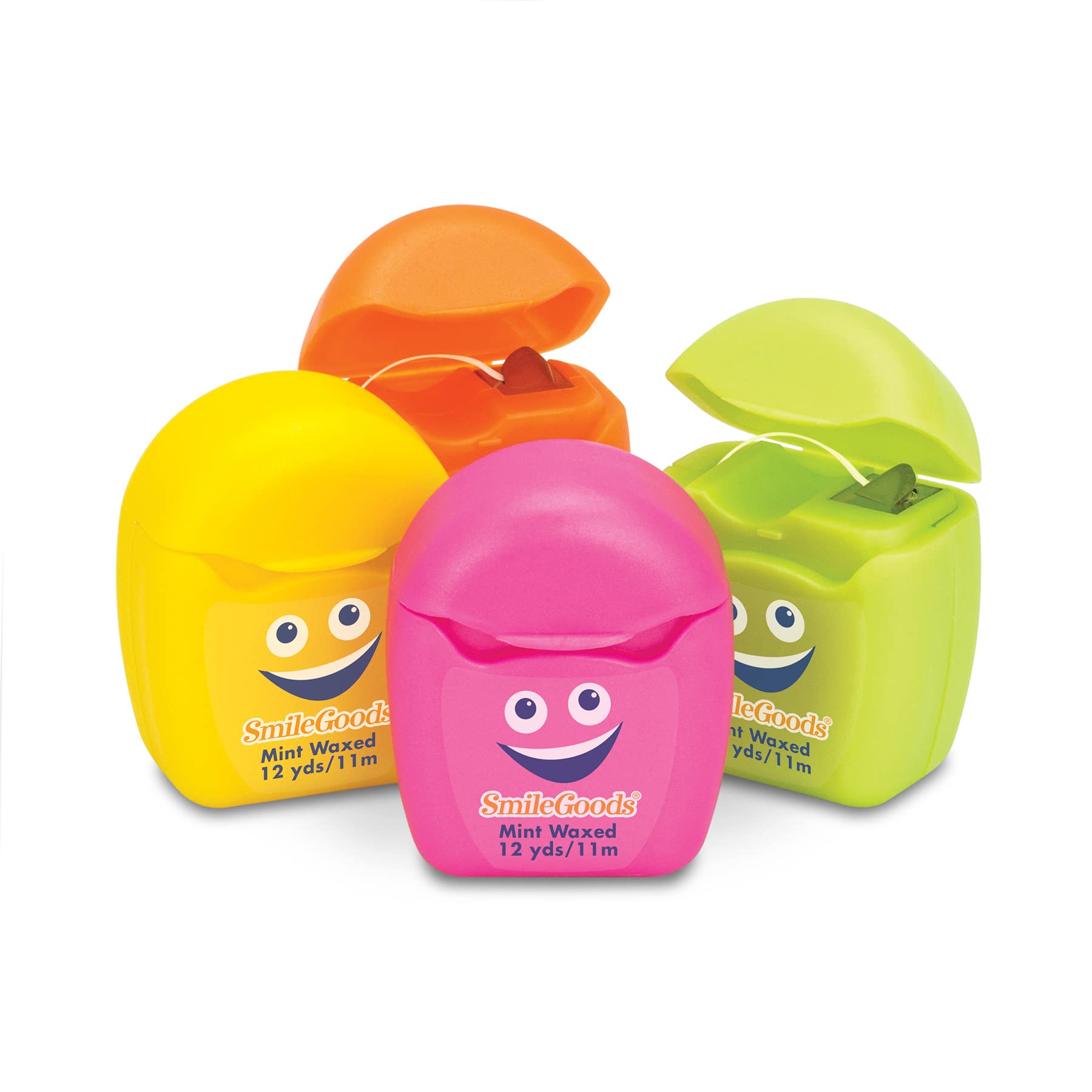 Practicon SmileGoods Cuties - Hilo dental encerado de menta de 12 yardas, tamaño mini de muestra para regalos, viajes, niños, adultos, pacientes, varios colores brillantes con recipiente de exhibición