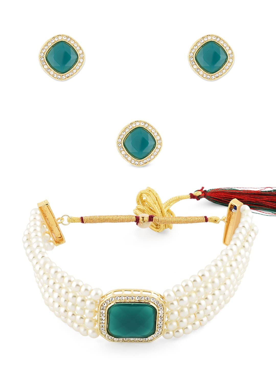 ZAVERI PEARLS Green Stone Studded Multistrand Choker Necklace Earring & Ring Set For Women-ZPFK11442 (B09MKLGL74) Amazon Price History, Amazon Price Tracker