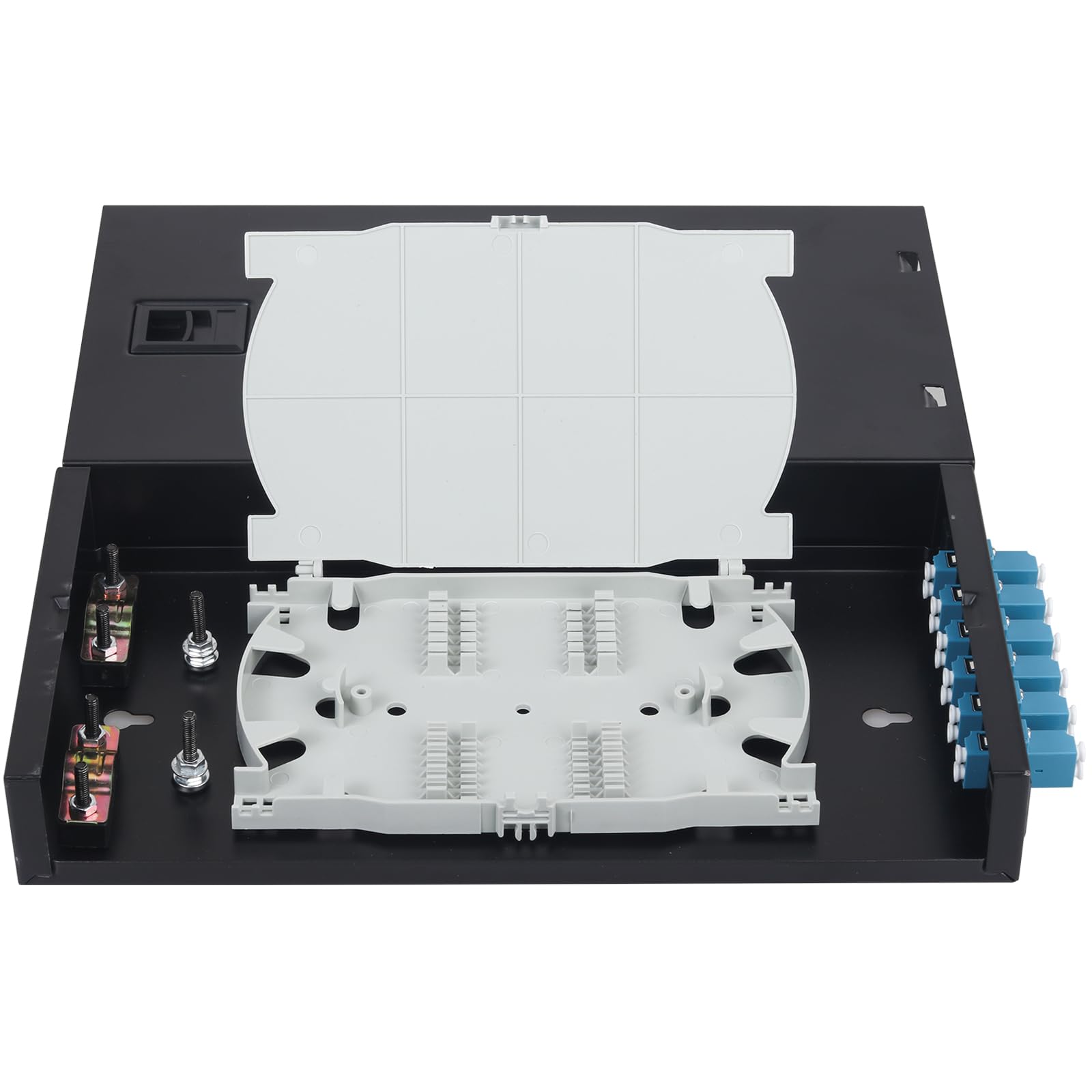 Xunsomt-6 Boîtier de montage en rack duplex monomode 12 ports LC + plateaux d'épissure câbles fibre bobine LC-UPC Kit (comprend des tresses et des coupleurs)