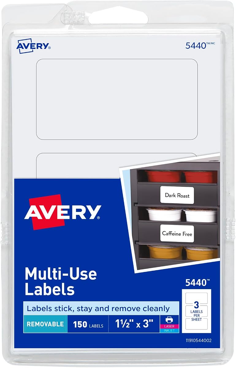 Avery Removable Print or Write Labels, 1.5 x 3 Inches, White, Pack of 150 (5440)