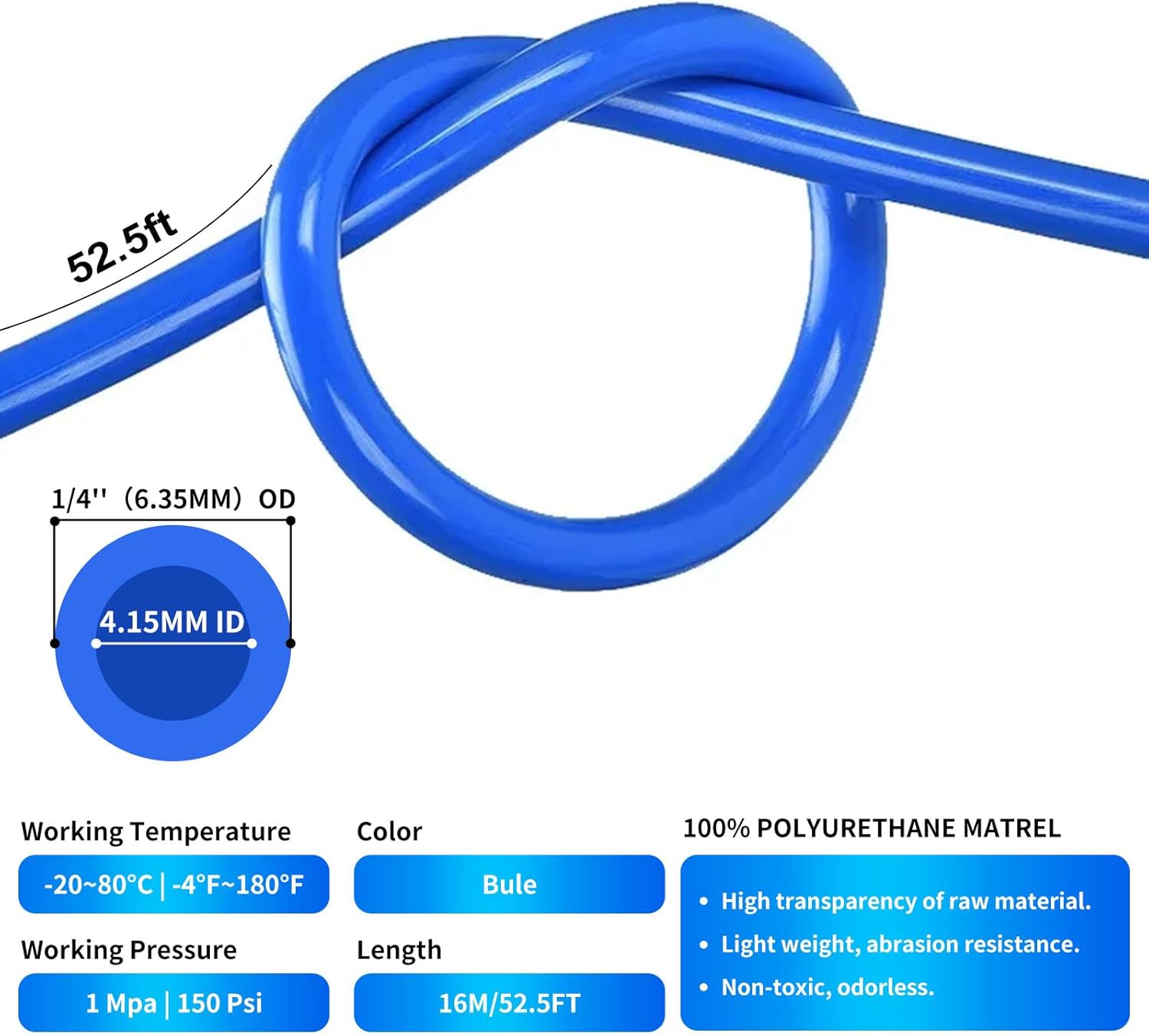 1/4" Air line kit,1/4"(6.35mm) OD x 52.5 Feet Blue Air Hose Tubing Fittings,15pcs Compressed Air Line Accessory Kit Push to Connect Fittings for Air Line