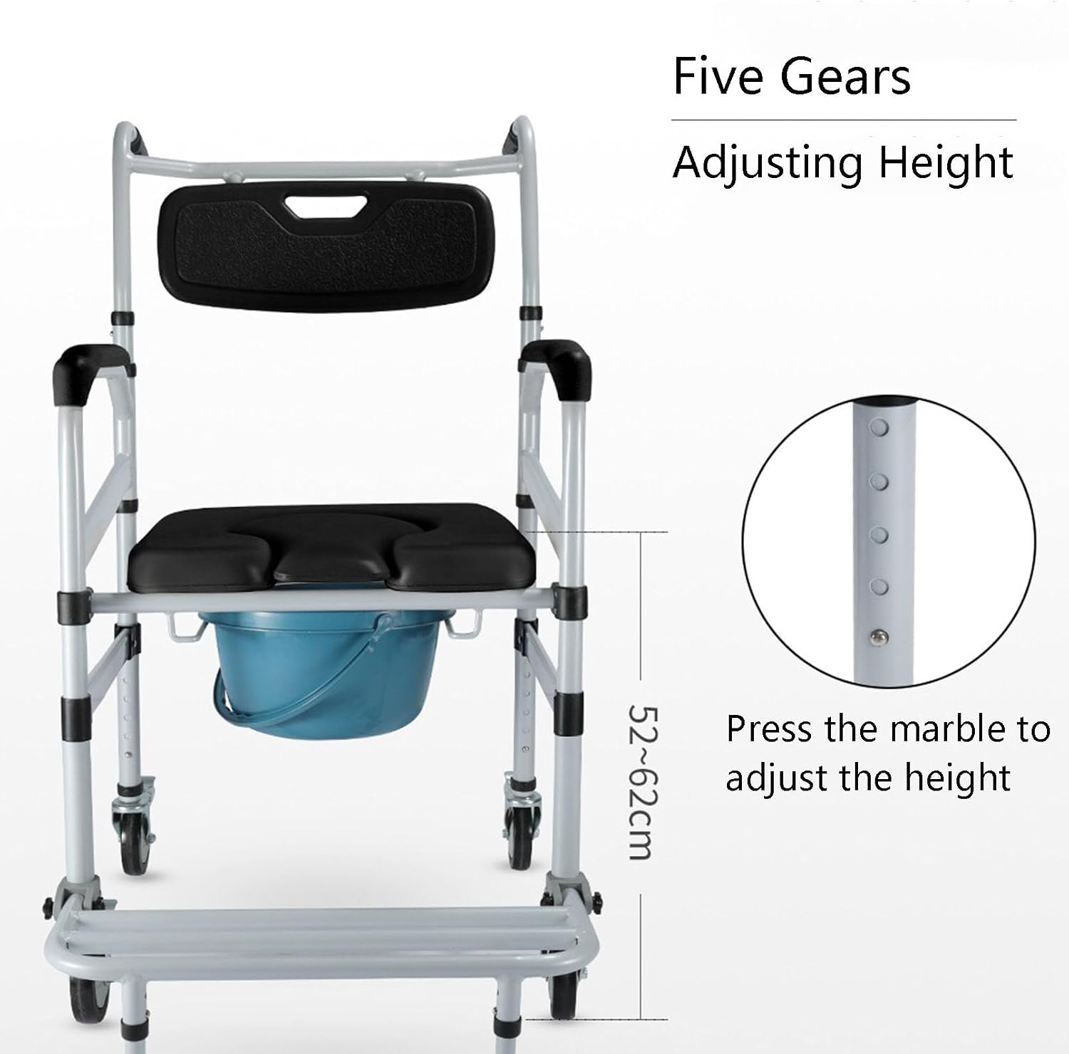 Accessibility Commode Wheelchair, Rolling Shower Wheelchair with 4 Castor Wheels, Rotundità Detachable Bucket, Waterproof Design, 42cm Seat Width, Black