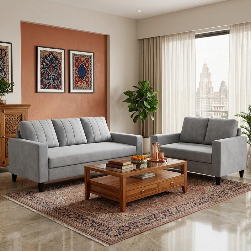 Image of Hendrick Plush Velvet 3 Seater + 2 Seater Sofa Set | Silken Velvet Suede Upholstery | Designer Sofa Set for Living Room & Office Spaces (Light Grey)