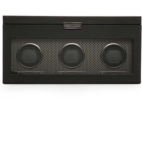 Wolf Axis Watch Winder with Storage - Secure Fit with Patented Lock-in Dynamic Cuff - Accommodates All Wrist Sizes - Vegan Leather - Includes Universal Adapter
