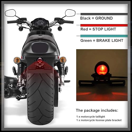 Miniatura 7 de KATUR 1 pieza de luz trasera de motocicleta roja de 12 V con soporte para placa de matrícula, color negro, compatible con Harley Bobber Chopper