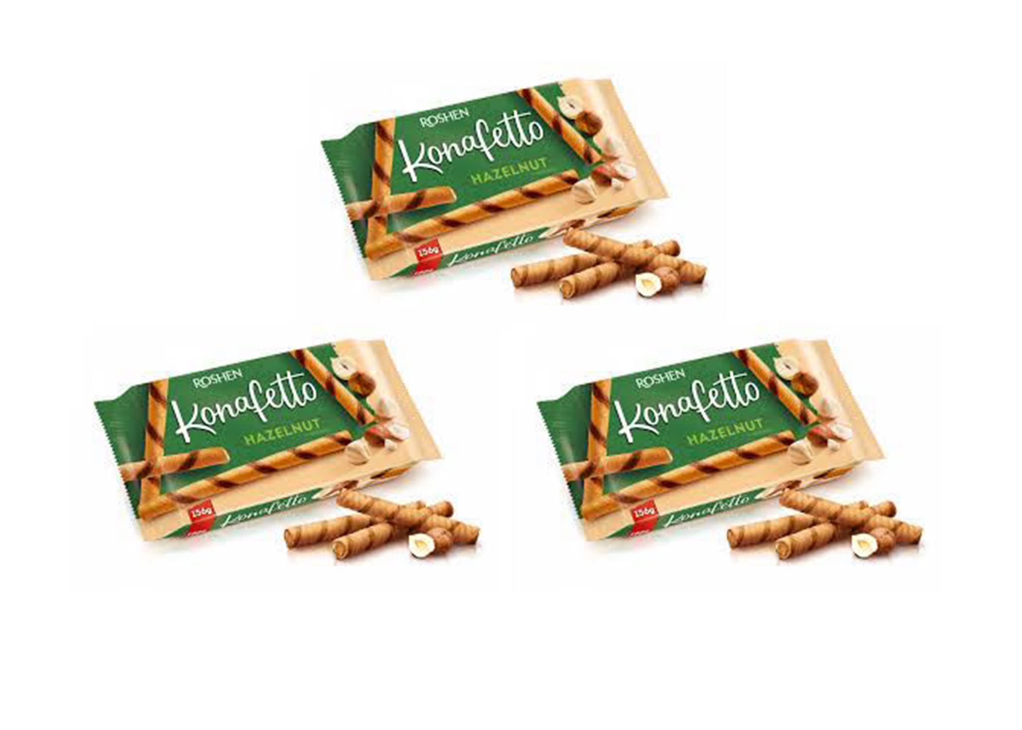 Roshen Crispy Flavorful Wafer Rolls "Konafetto" with Hazelnut-Cream Filling, 4.94oz/140 grams Pack of 3