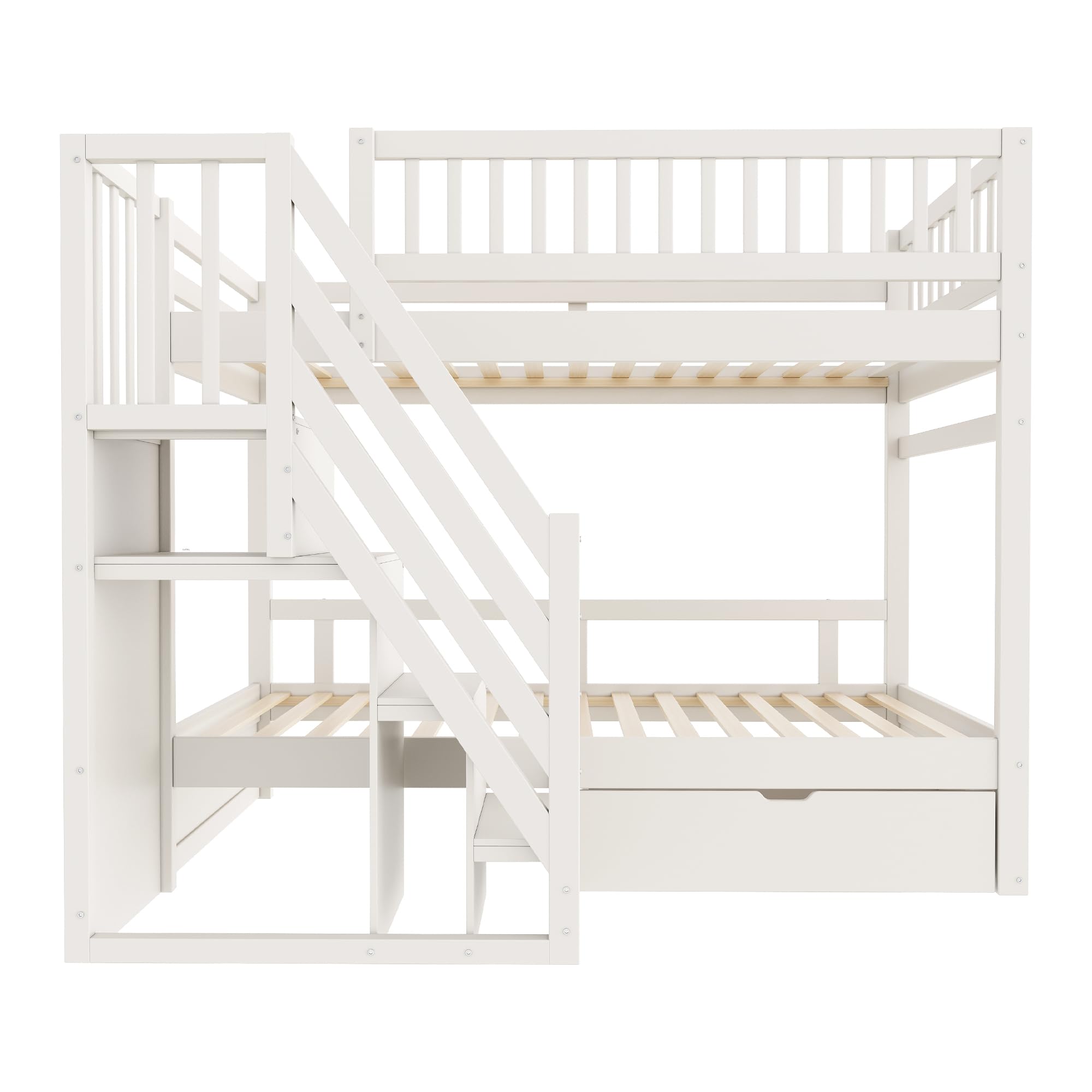 Letto a castello 90x200, letto per bambini con scala e armadio, letto a soppalco con cassetti, rete a doghe in legno, bianco, senza materasso