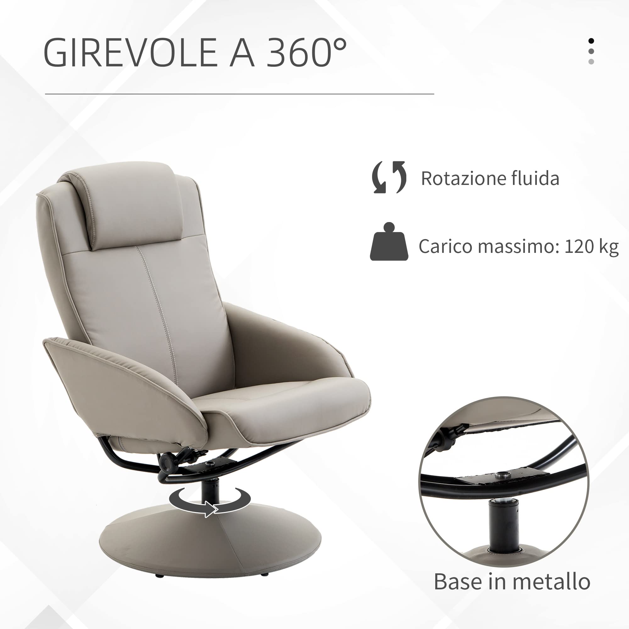 HOMCOM Poltrona Relax Reclinabile con Pouf Poggiapiedi Abbinato e Rivestimento in Finta pelle, 71x78x101cm, Grigia