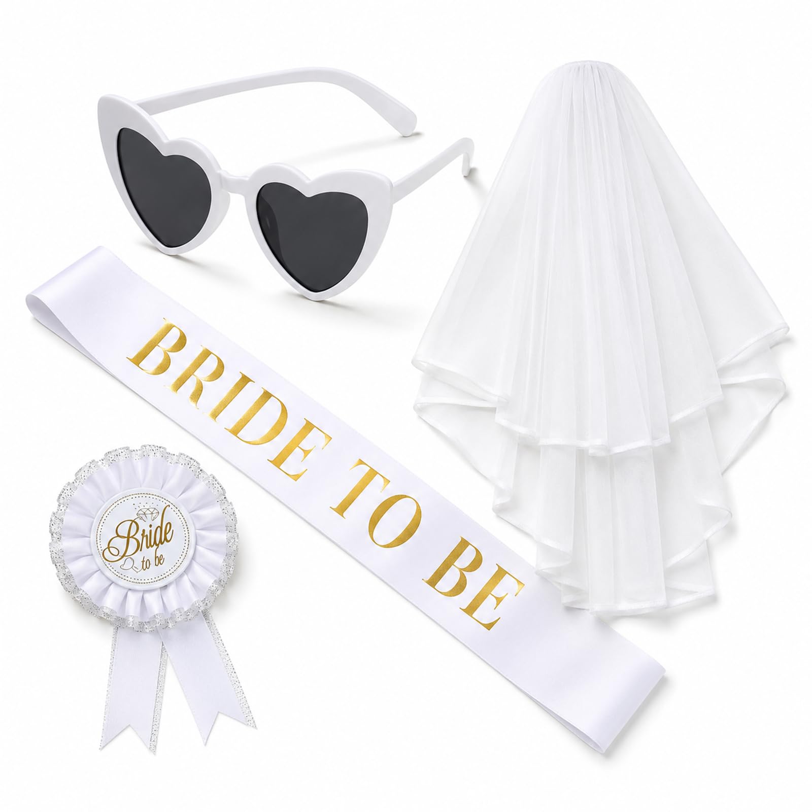 4PCS Hen Party Accessories Set, Bride to Be Veil and Sash, White Heart-Shaped Glasses and Badge, Bride Veil Hen Party for Celebrations