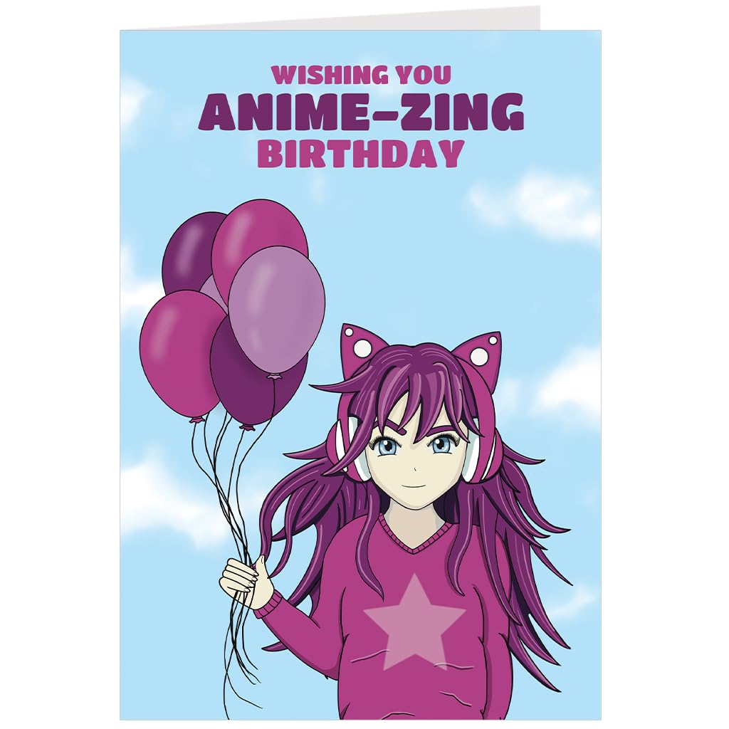 Anime Birthday Card for Girls & Teens – Cute Kawaii Cat Ear Headphones Anime Girl Design – Fun Anime-Zing Pun - Blank Inside - Size 7x5 With Envelope
