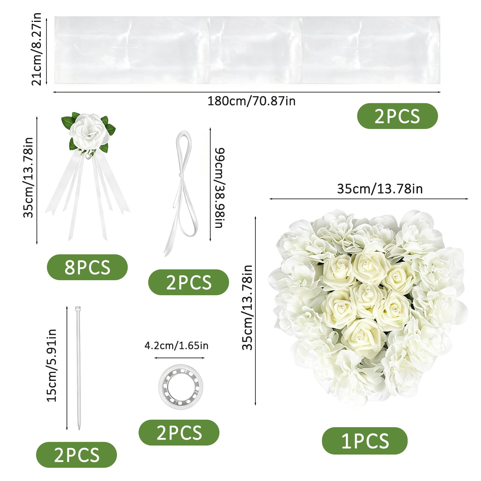 Décoration de Voiture Blanche pour Mariage, Cœur Decoration Voiture Mariage avec 1 Guirlande de Cœurs, 8 Fleurs, 2 Bandes de Tulle (1,8m), Décoration de véhicule pour Mariage et fête
