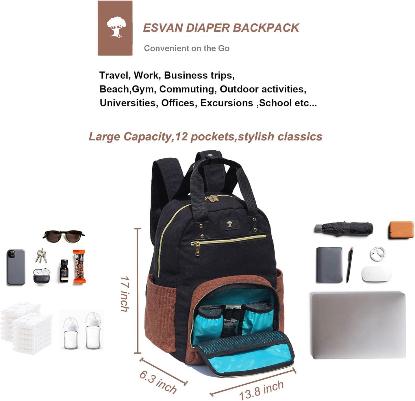 ESVAN Diaper Bag Backpack, Large Capacity Multifunction Baby Essentials Fashion Travel Pack Linen Canvas office Laptop Bag (Linen Brown)