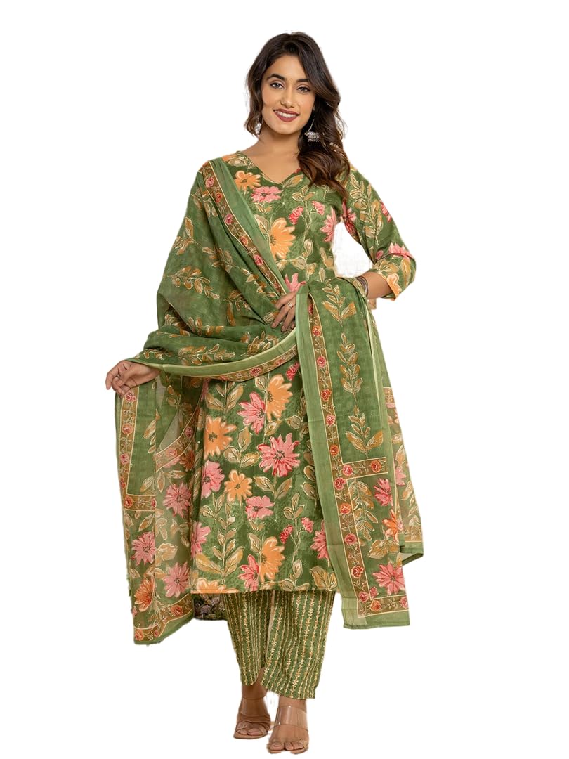 Nainvish Women's Viscose Rayon Printed Straight V-Neck Kurta Pant With Dupatta (Sd711_Kbd-Xxl_Green)