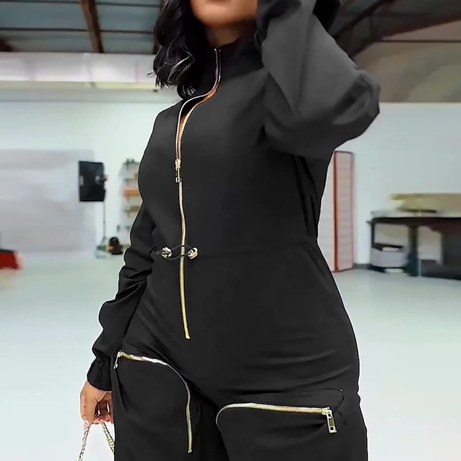Miyaomn Solid Casual Onesie Sports Outfits for Women Long Sleeve Zip Front High Waist Cargo Jogger Pants Windbreaker Jumpsuit